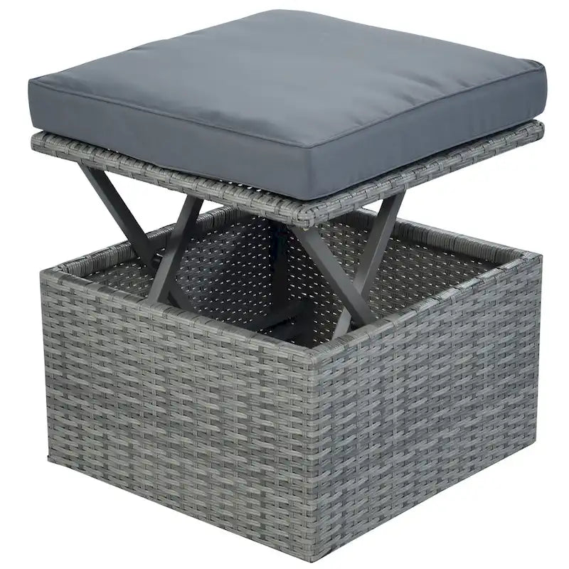 Set 6 Pezzi Letto da Giorno Rotondo in Rattan per Esterni con Baldacchino Retrattile e Tavolo Sollevabile