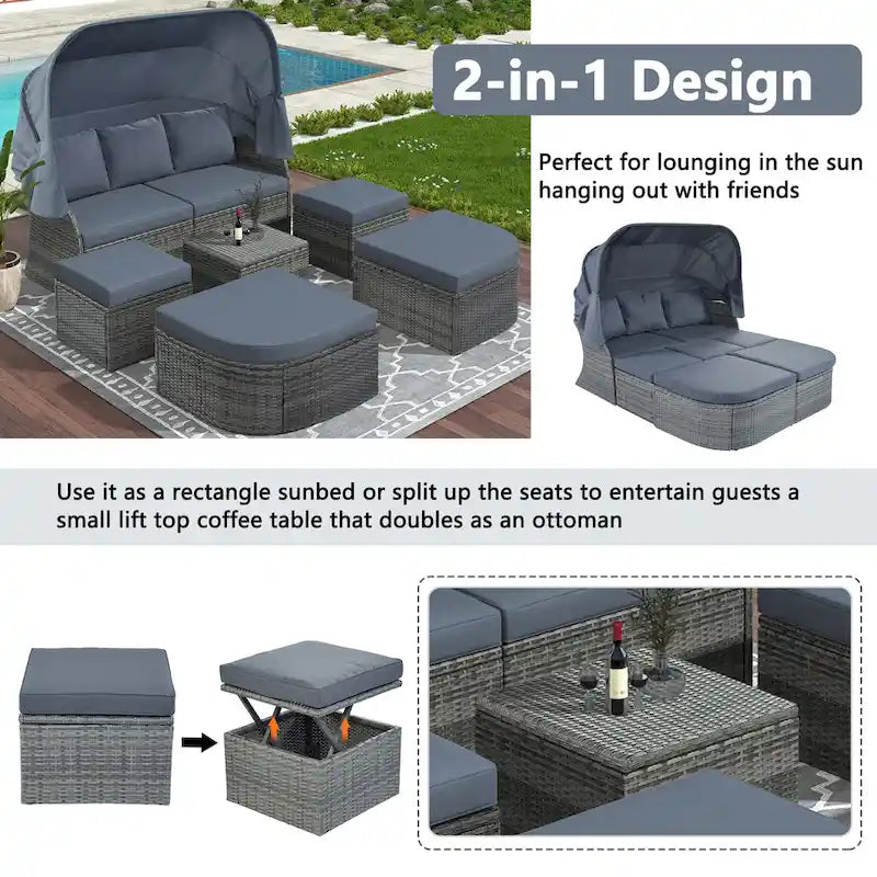 Set 6 Pezzi Letto da Giorno Rotondo in Rattan per Esterni con Baldacchino Retrattile e Tavolo Sollevabile