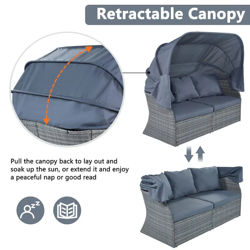 Set 6 Pezzi Letto da Giorno Rotondo in Rattan per Esterni con Baldacchino Retrattile e Tavolo Sollevabile