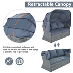 Set 6 Pezzi Letto da Giorno Rotondo in Rattan per Esterni con Baldacchino Retrattile e Tavolo Sollevabile