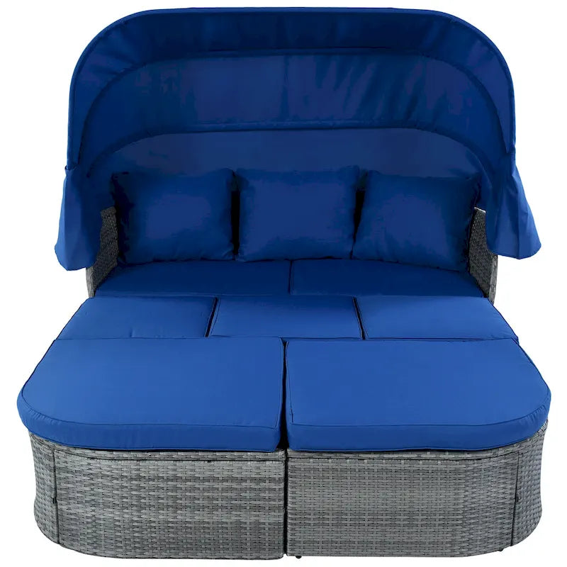 Set 6 Pezzi Letto da Giorno Rotondo in Rattan per Esterni con Baldacchino Retrattile e Tavolo Sollevabile