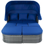 Set 6 Pezzi Letto da Giorno Rotondo in Rattan per Esterni con Baldacchino Retrattile e Tavolo Sollevabile