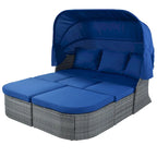 Set 6 Pezzi Letto da Giorno Rotondo in Rattan per Esterni con Baldacchino Retrattile e Tavolo Sollevabile