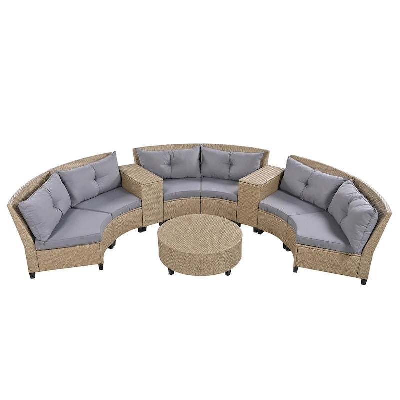 130.3 Outdoor Rattan Half-Moon Sectional Sofa Set with Coffee Table and Side Table, Free Combination