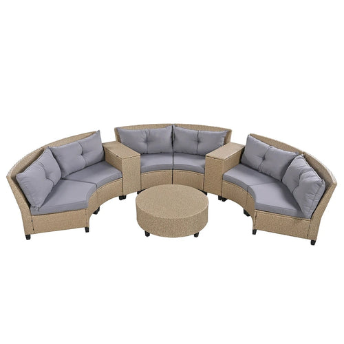 130.3 Outdoor Rattan Half-Moon Sectional Sofa Set with Coffee Table and Side Table, Free Combination