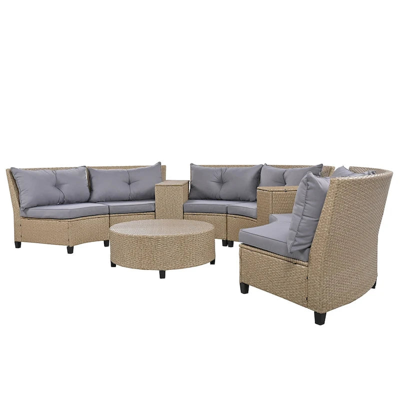 130.3 Outdoor Rattan Half-Moon Sectional Sofa Set with Coffee Table and Side Table, Free Combination