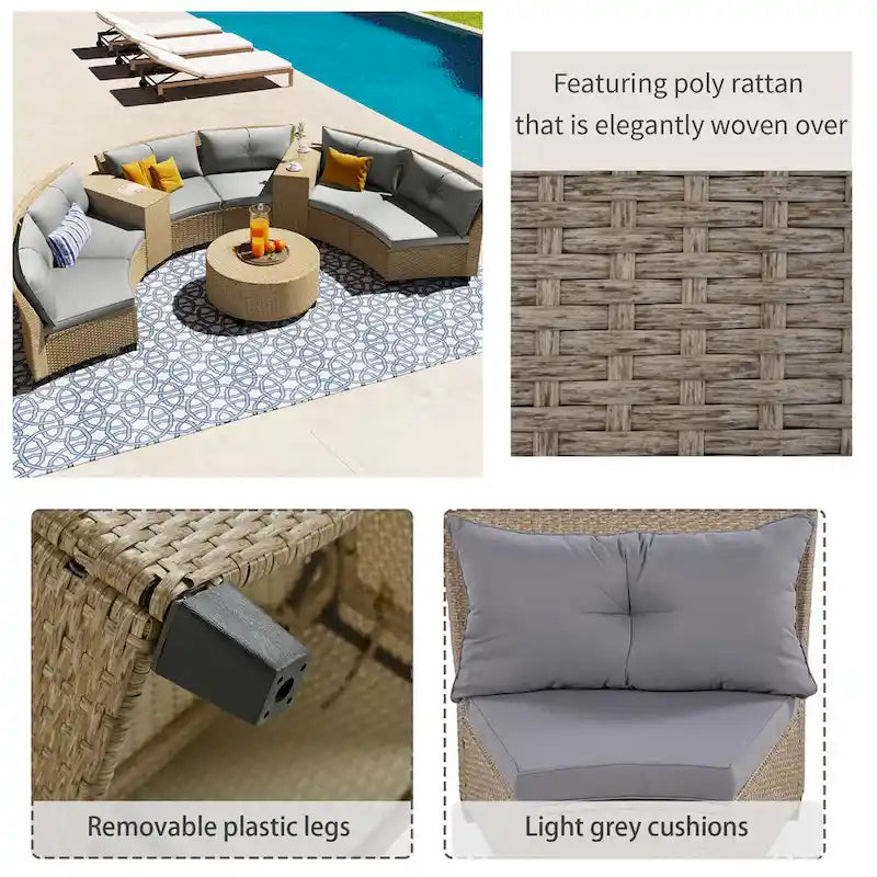 130.3 Outdoor Rattan Half-Moon Sectional Sofa Set with Coffee Table and Side Table, Free Combination