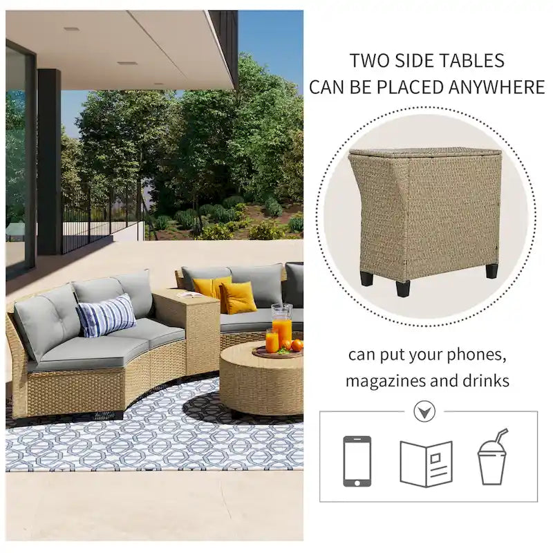 130.3 Outdoor Rattan Half-Moon Sectional Sofa Set with Coffee Table and Side Table, Free Combination