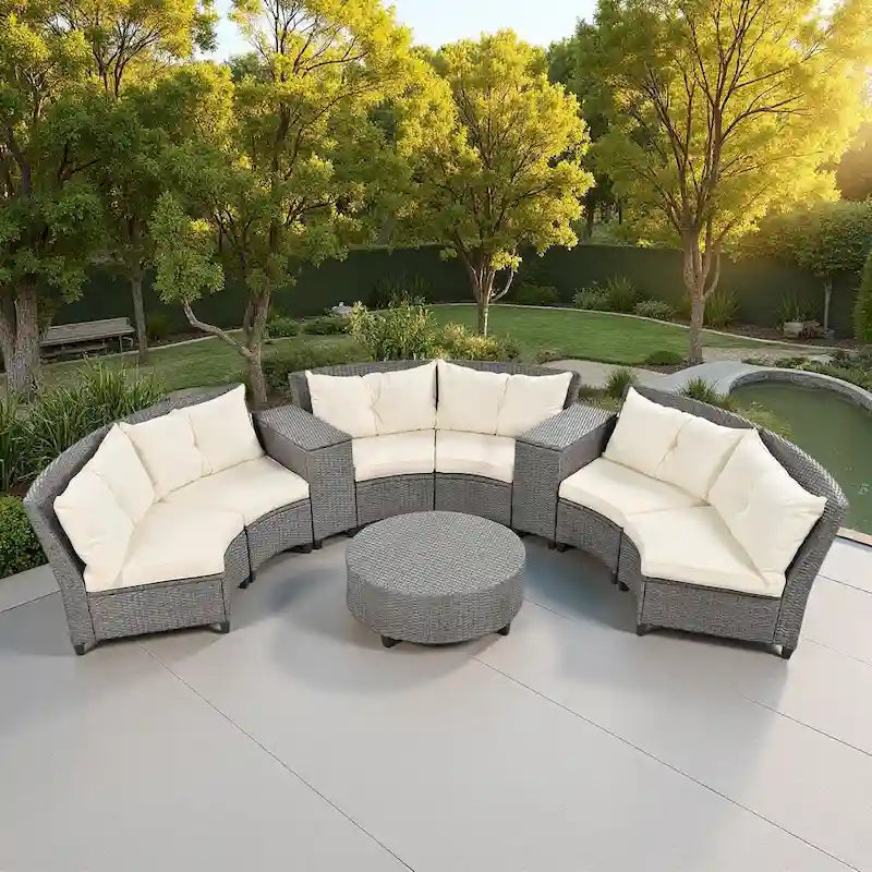 130.3 Outdoor Rattan Half-Moon Sectional Sofa Set with Coffee Table and Side Table, Free Combination