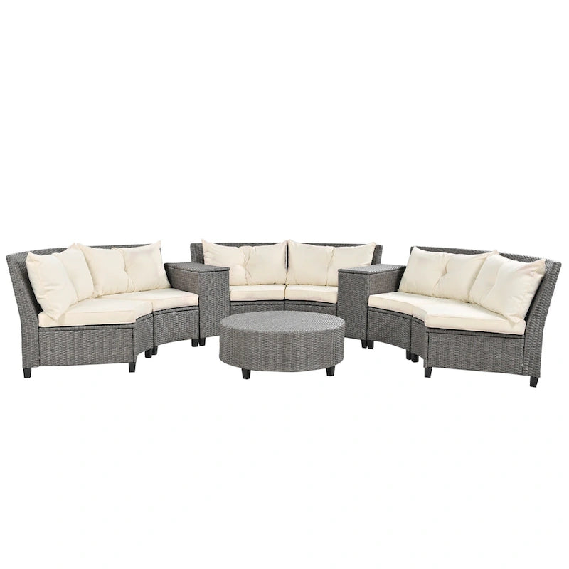 130.3 Outdoor Rattan Half-Moon Sectional Sofa Set with Coffee Table and Side Table, Free Combination