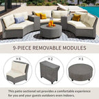 130.3 Outdoor Rattan Half-Moon Sectional Sofa Set with Coffee Table and Side Table, Free Combination