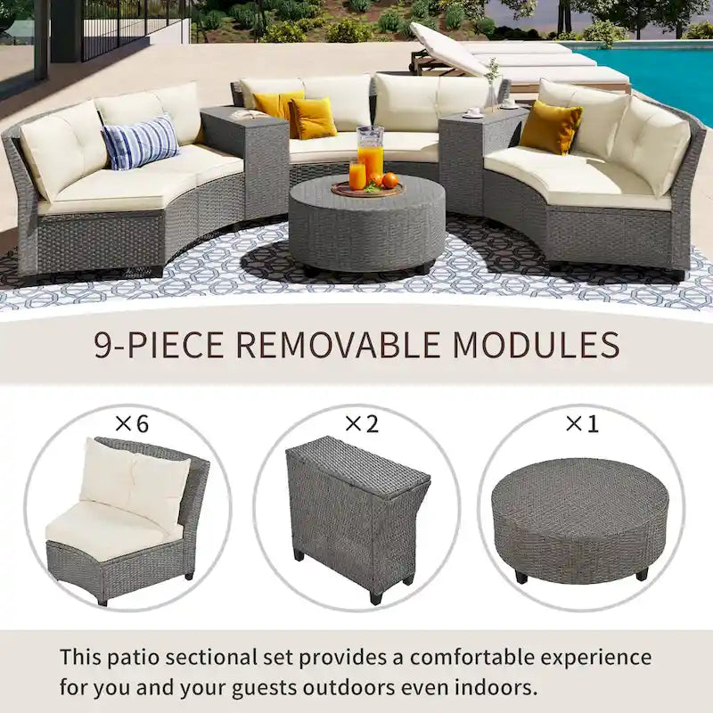 130.3 Outdoor Rattan Half-Moon Sectional Sofa Set with Coffee Table and Side Table, Free Combination