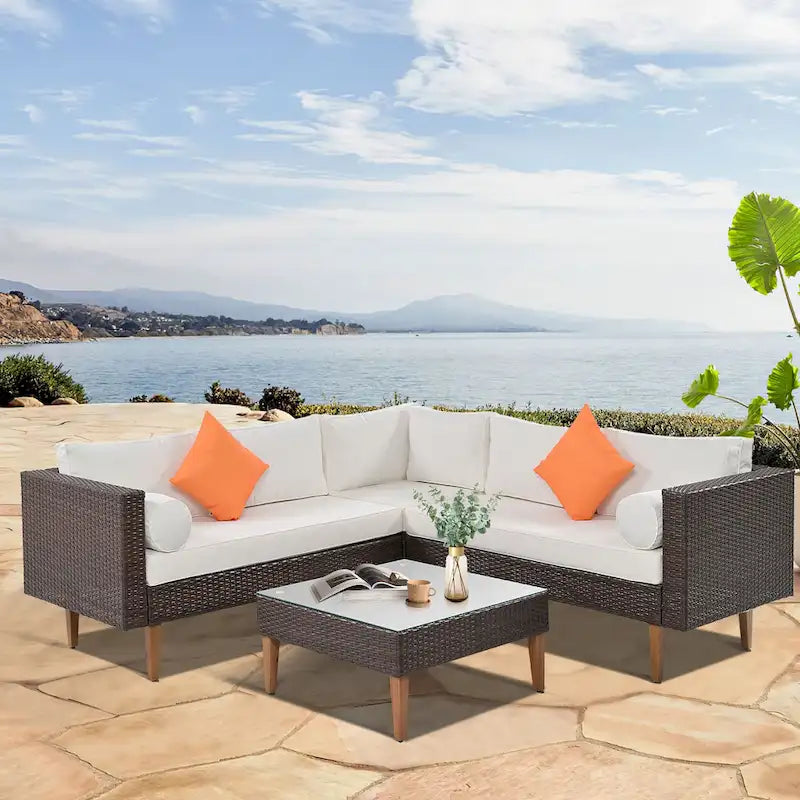 4-Pieces Outdoor L-shape Wicker Sofa Set with Colorful Pillows