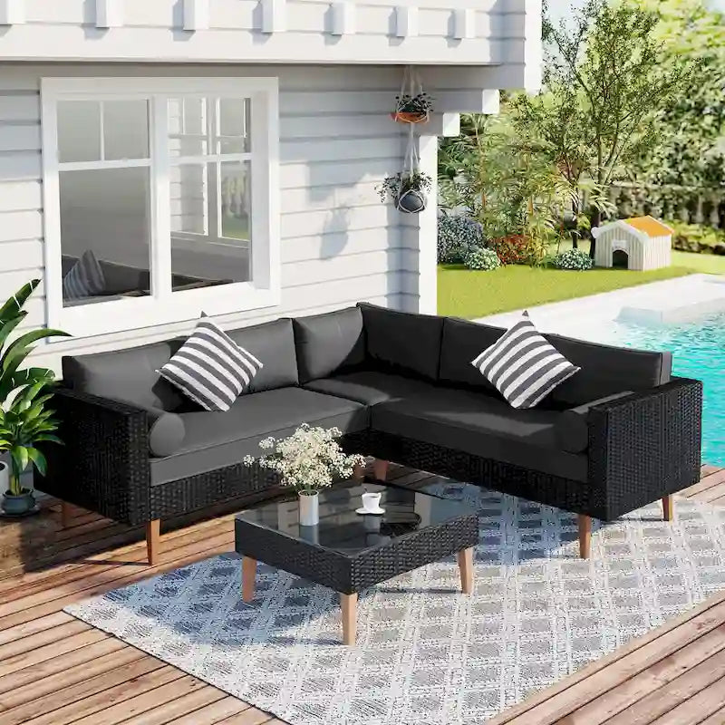 4-Pieces Outdoor L-shape Wicker Sofa Set with Colorful Pillows
