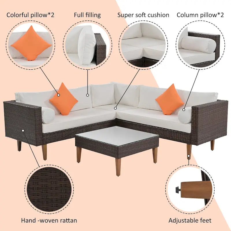 4-Pieces Outdoor L-shape Wicker Sofa Set with Colorful Pillows