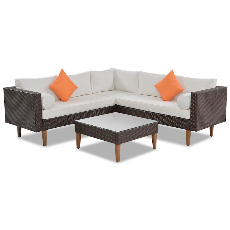 4-Pieces Outdoor L-shape Wicker Sofa Set with Colorful Pillows