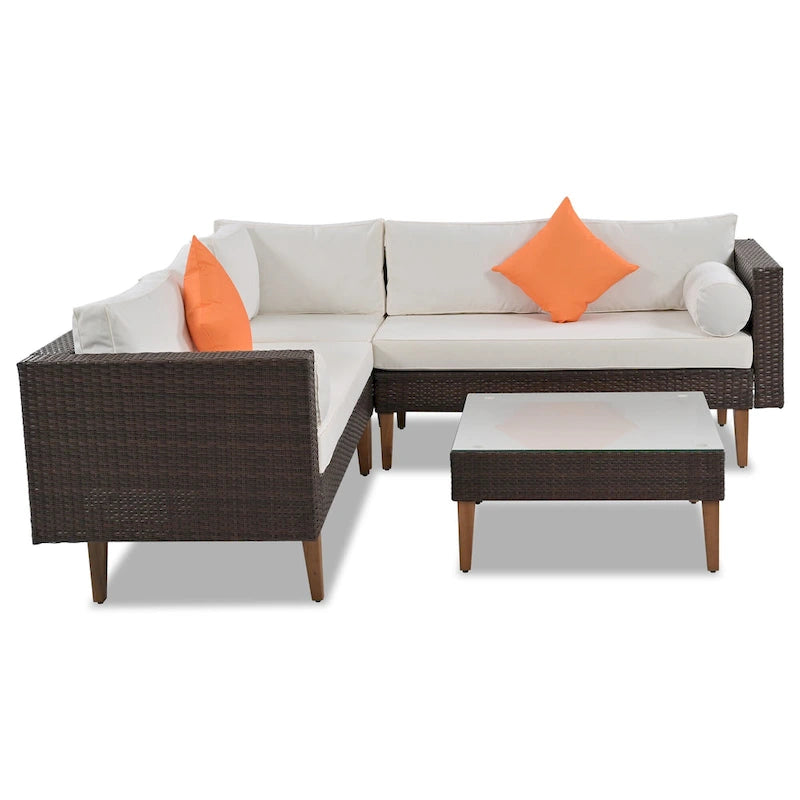 4-Pieces Outdoor L-shape Wicker Sofa Set with Colorful Pillows