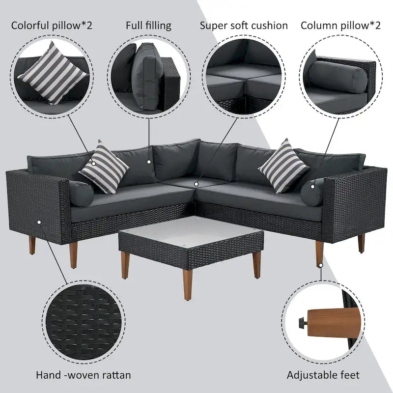 4-Pieces Outdoor L-shape Wicker Sofa Set with Colorful Pillows