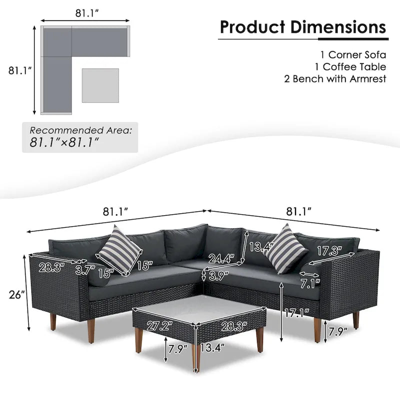 4-Pieces Outdoor L-shape Wicker Sofa Set with Colorful Pillows
