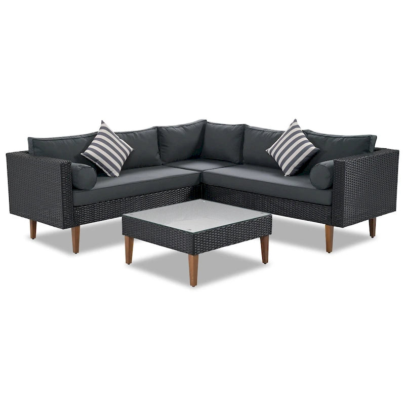 4-Pieces Outdoor L-shape Wicker Sofa Set with Colorful Pillows