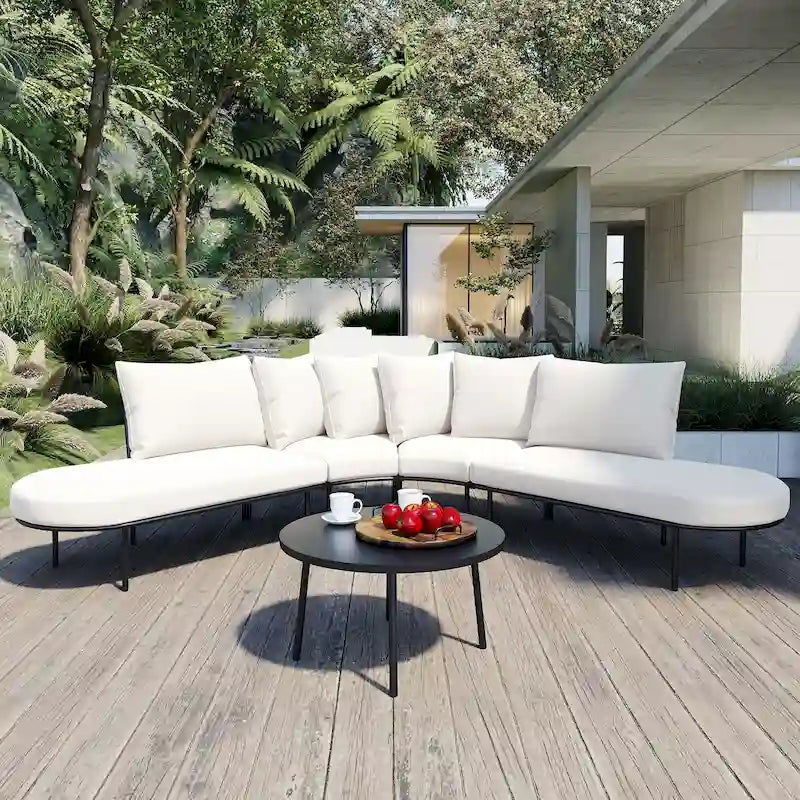 Patio All Weather Half- Moon Curved Furniture Sofa Set with Coffee Table