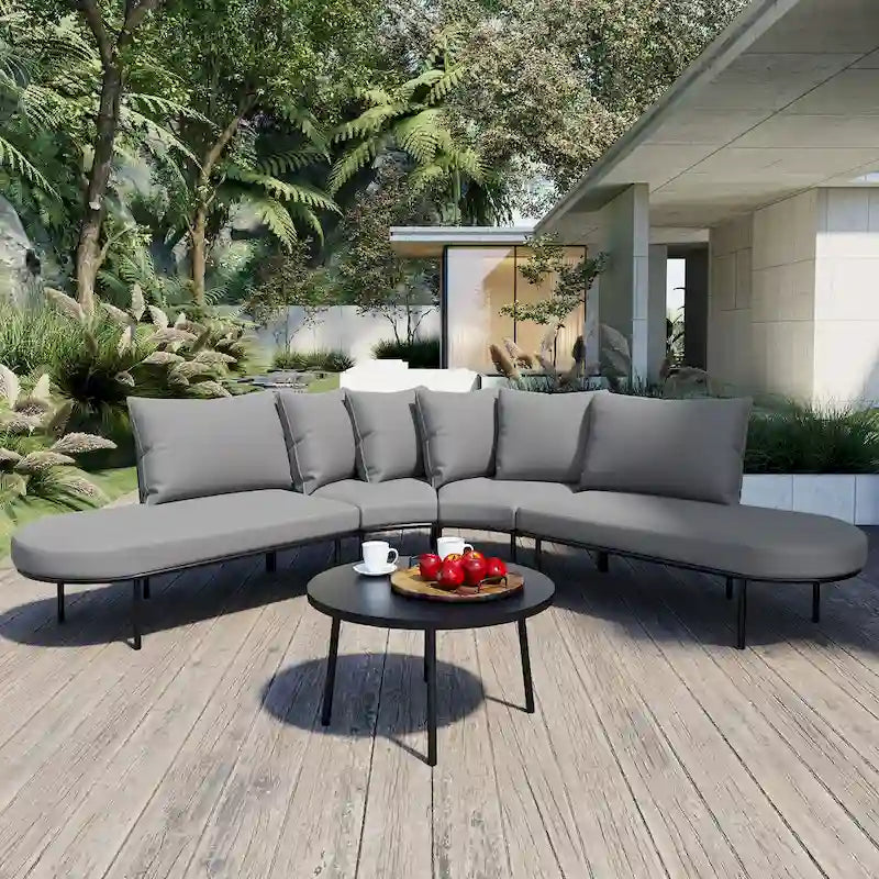 Patio All Weather Half- Moon Curved Furniture Sofa Set with Coffee Table