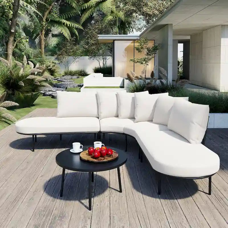 Patio All Weather Half- Moon Curved Furniture Sofa Set with Coffee Table