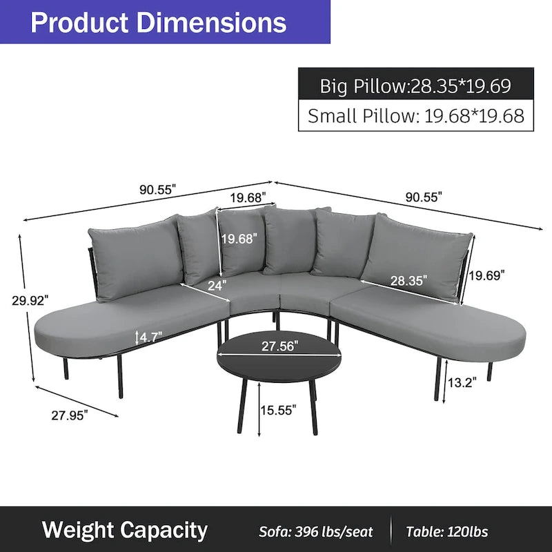 Patio All Weather Half- Moon Curved Furniture Sofa Set with Coffee Table