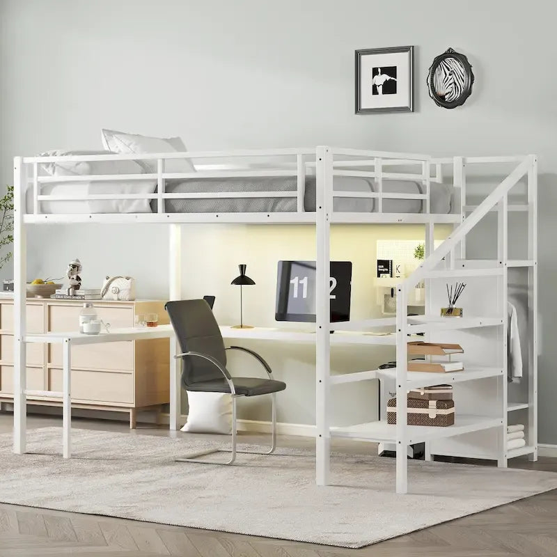 Letto a soppalco Queen Size con scrivania a L e porte USB - Letto a soppalco alto in metallo con armadio e mensole a LED regolabili per ragazzi