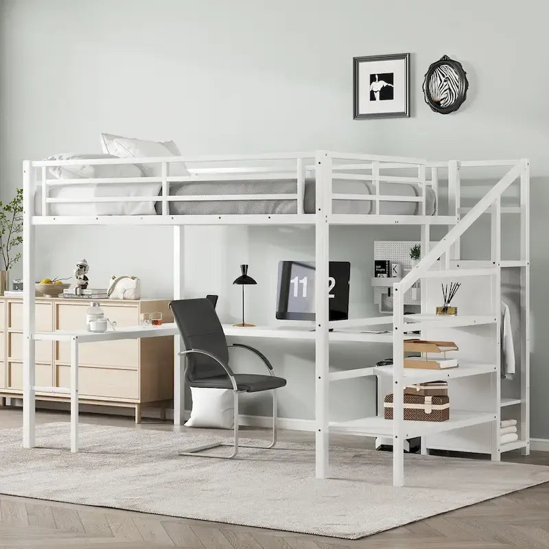 Letto a soppalco Queen Size con scrivania a L e porte USB - Letto a soppalco alto in metallo con armadio e mensole a LED regolabili per ragazzi