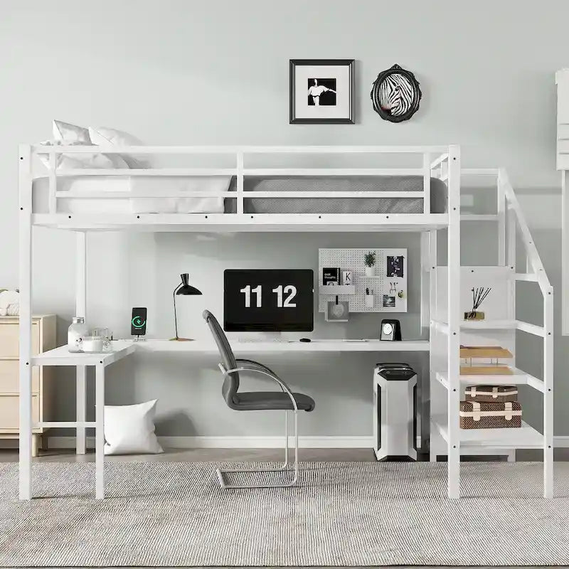 Letto a soppalco Queen Size con scrivania a L e porte USB - Letto a soppalco alto in metallo con armadio e mensole a LED regolabili per ragazzi