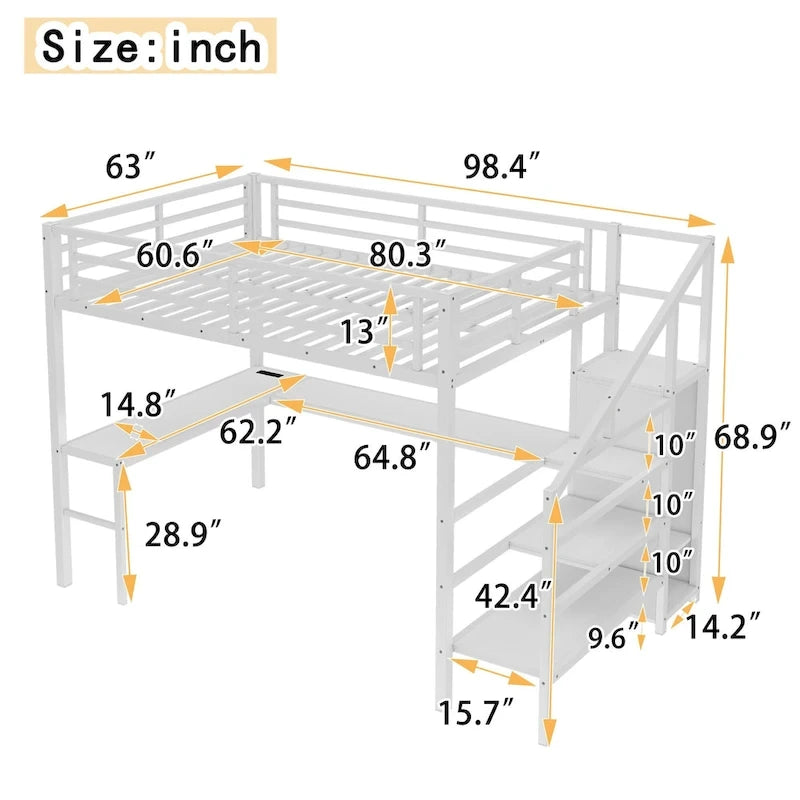 Letto a soppalco Queen Size con scrivania a L e porte USB - Letto a soppalco alto in metallo con armadio e mensole a LED regolabili per ragazzi