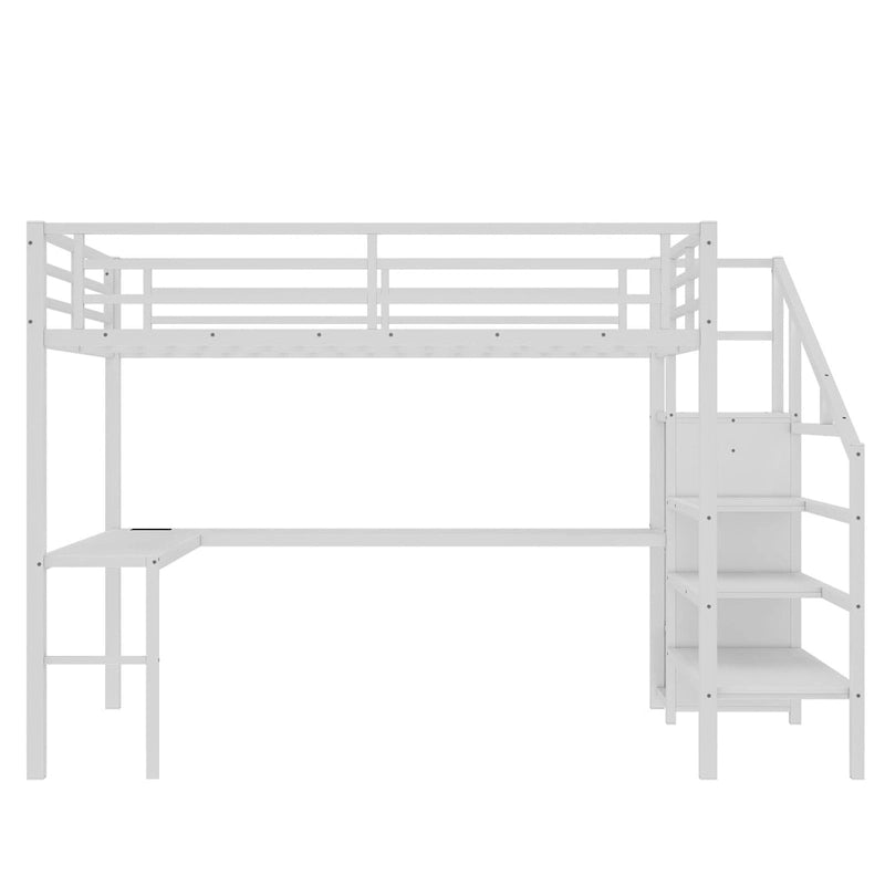 Letto a soppalco Queen Size con scrivania a L e porte USB - Letto a soppalco alto in metallo con armadio e mensole a LED regolabili per ragazzi