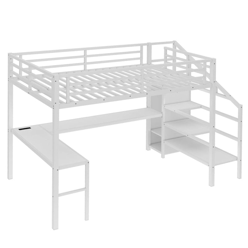 Letto a soppalco Queen Size con scrivania a L e porte USB - Letto a soppalco alto in metallo con armadio e mensole a LED regolabili per ragazzi