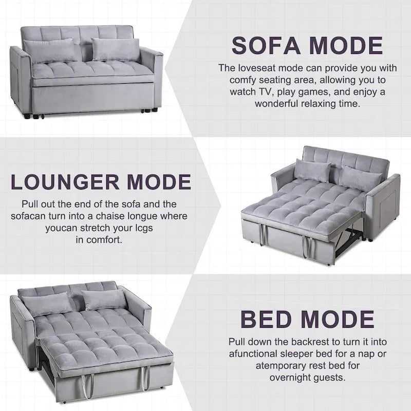 Modern Velvet Loveseat Futon Sofa Couch Pullout Bed, Small Love Seat Lounge Sofa w/Reclining Backrest, Toss Pillows, Pockets