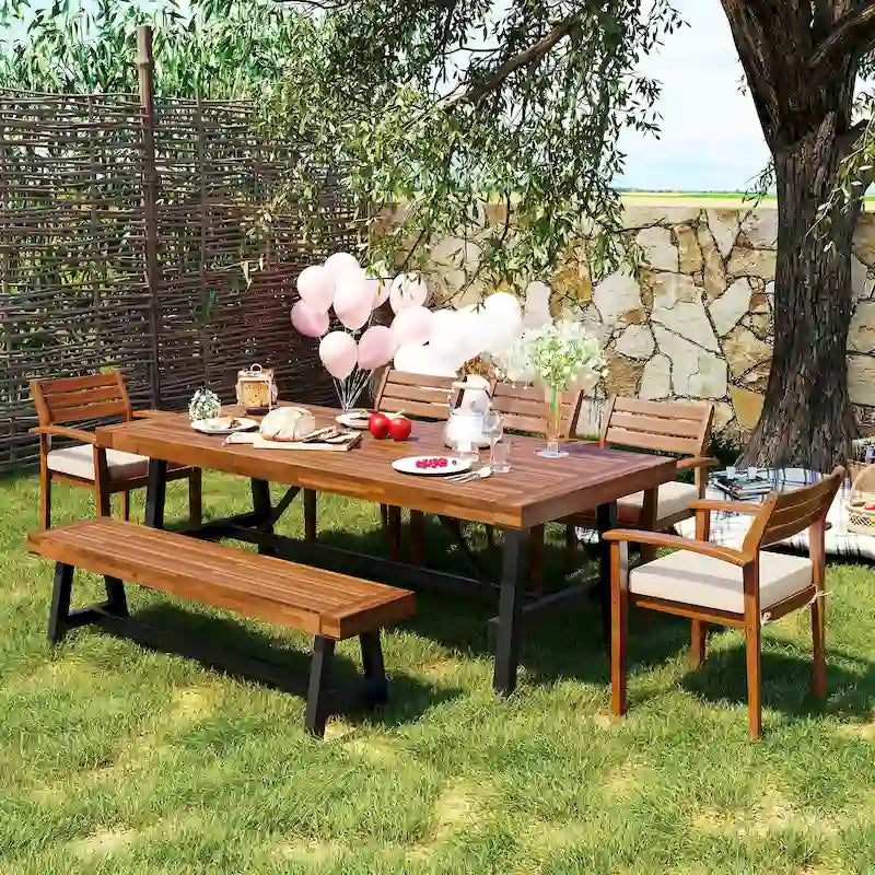 Outdoor Wood Dining Set For 7-8 Person with Removable Cushions, Ergonomic Chairs & Bench