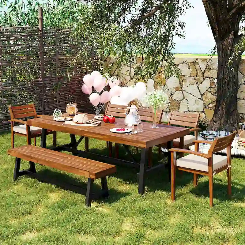 Outdoor Wood Dining Set For 7-8 Person with Removable Cushions, Ergonomic Chairs & Bench