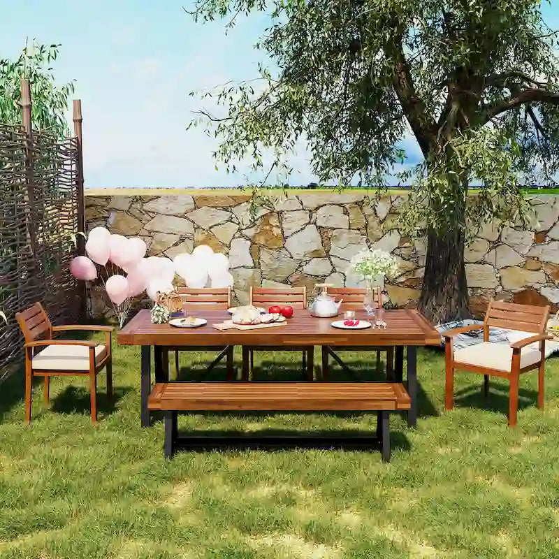 Outdoor Wood Dining Set For 7-8 Person with Removable Cushions, Ergonomic Chairs & Bench