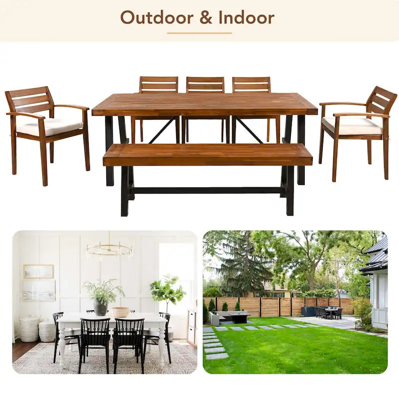 Outdoor Wood Dining Set For 7-8 Person with Removable Cushions, Ergonomic Chairs & Bench