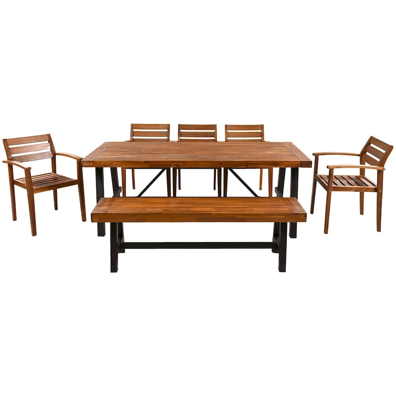 Outdoor Wood Dining Set For 7-8 Person with Removable Cushions, Ergonomic Chairs & Bench