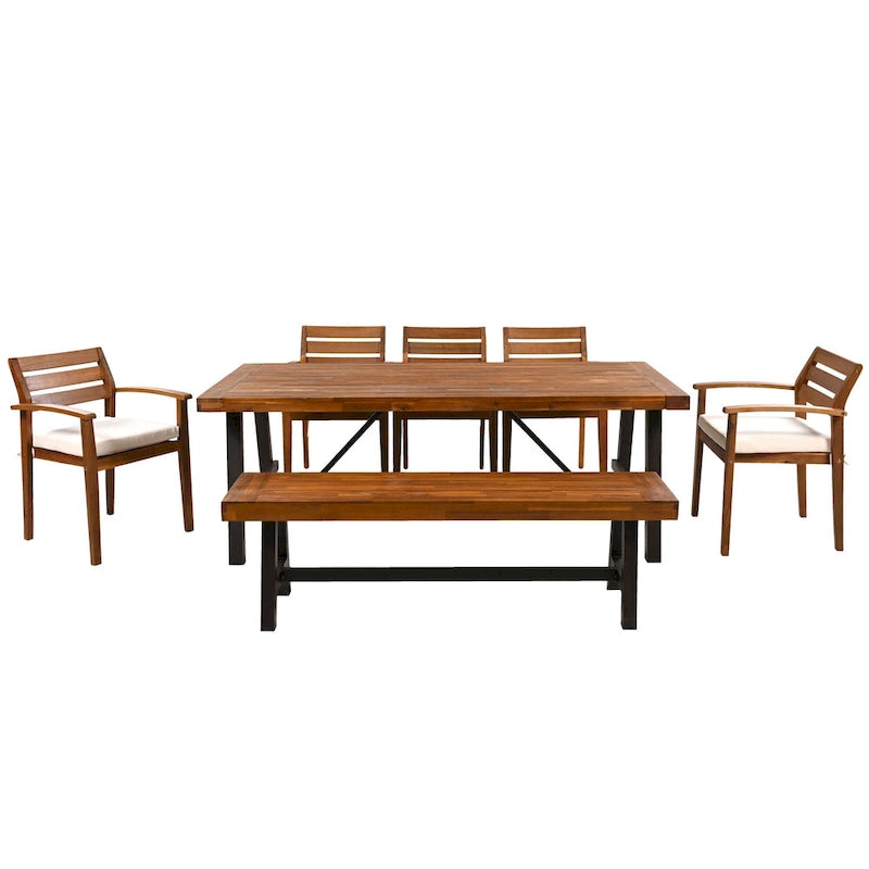 Outdoor Wood Dining Set For 7-8 Person with Removable Cushions, Ergonomic Chairs & Bench