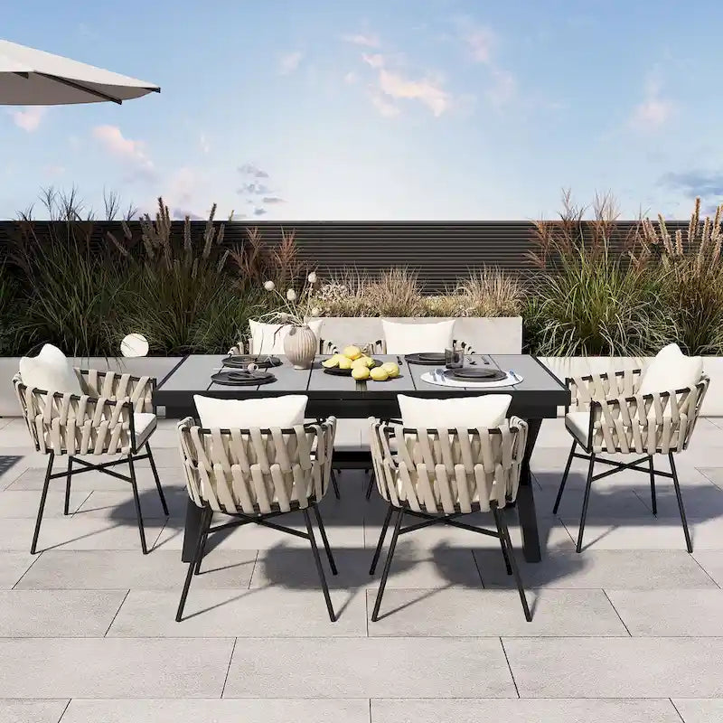 Iron Frame 7-Pieces Outdoor Dining Table with 6 Single Chairs