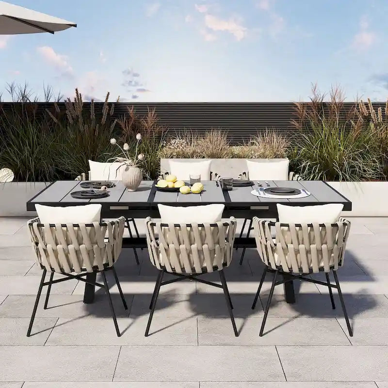 Iron Frame 7-Pieces Outdoor Dining Table with 6 Single Chairs