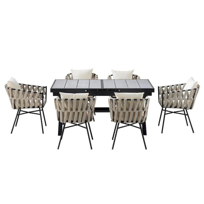 Iron Frame 7-Pieces Outdoor Dining Table with 6 Single Chairs