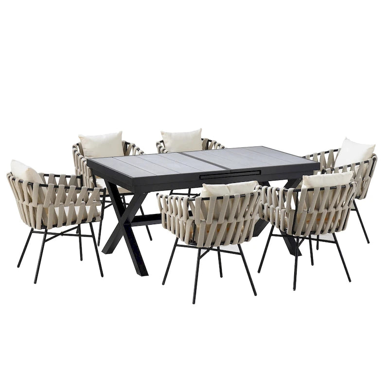 Iron Frame 7-Pieces Outdoor Dining Table with 6 Single Chairs