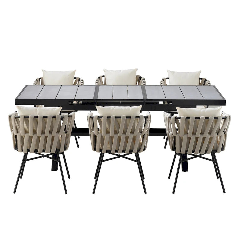 Iron Frame 7-Pieces Outdoor Dining Table with 6 Single Chairs