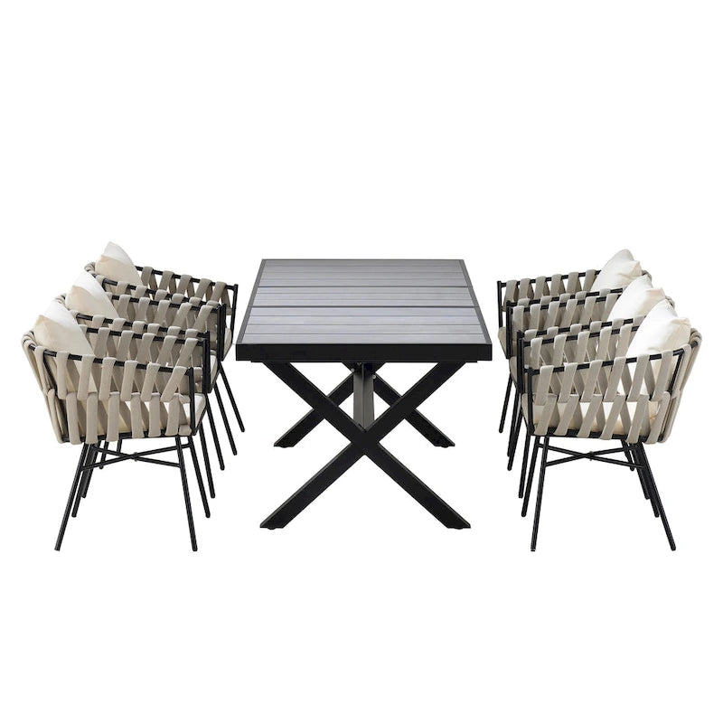Iron Frame 7-Pieces Outdoor Dining Table with 6 Single Chairs
