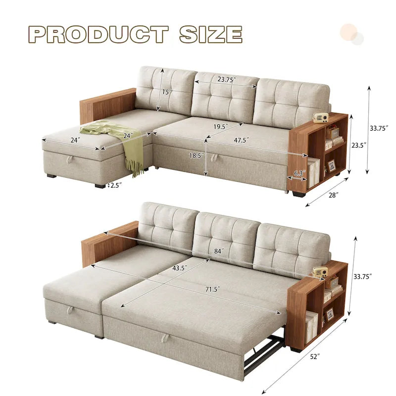 GDFStudio - Vinnas Convertible Sectional Sofa with Pull-Out Bed and Hidden Storage Chaise