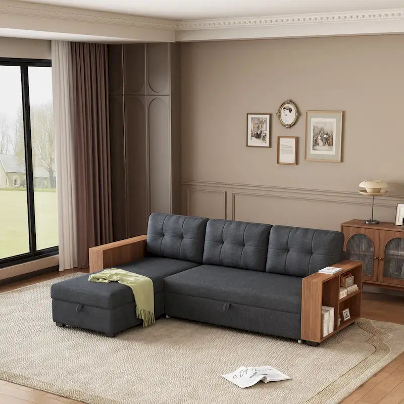 GDFStudio - Vinnas Convertible Sectional Sofa with Pull-Out Bed and Hidden Storage Chaise