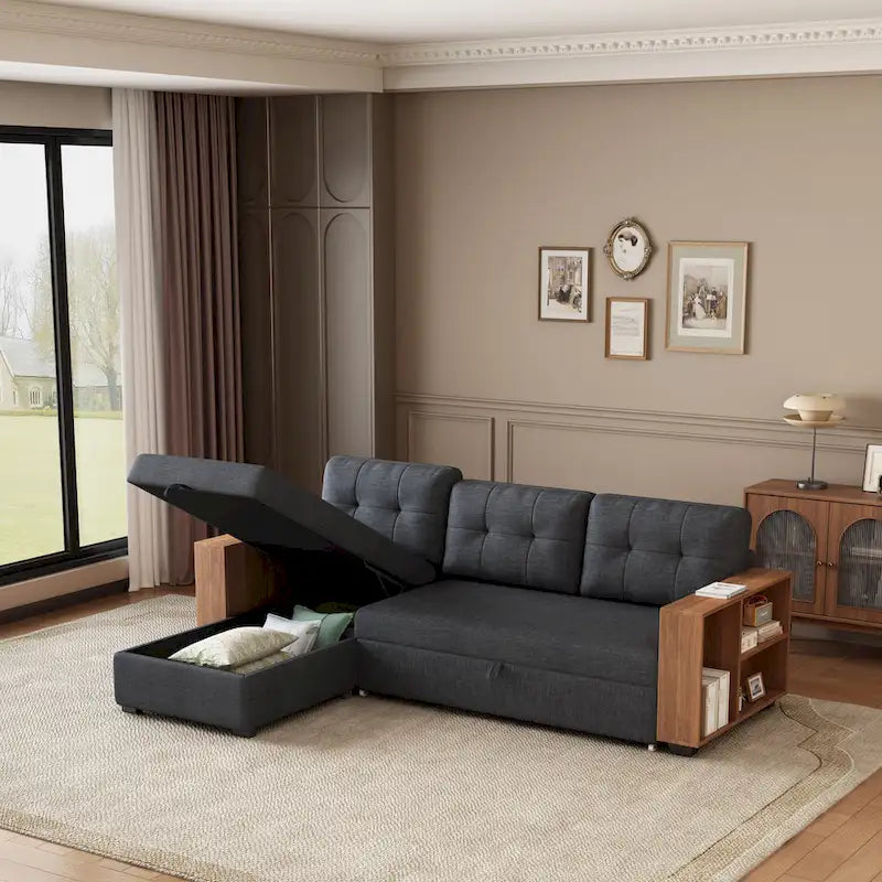 GDFStudio - Vinnas Convertible Sectional Sofa with Pull-Out Bed and Hidden Storage Chaise